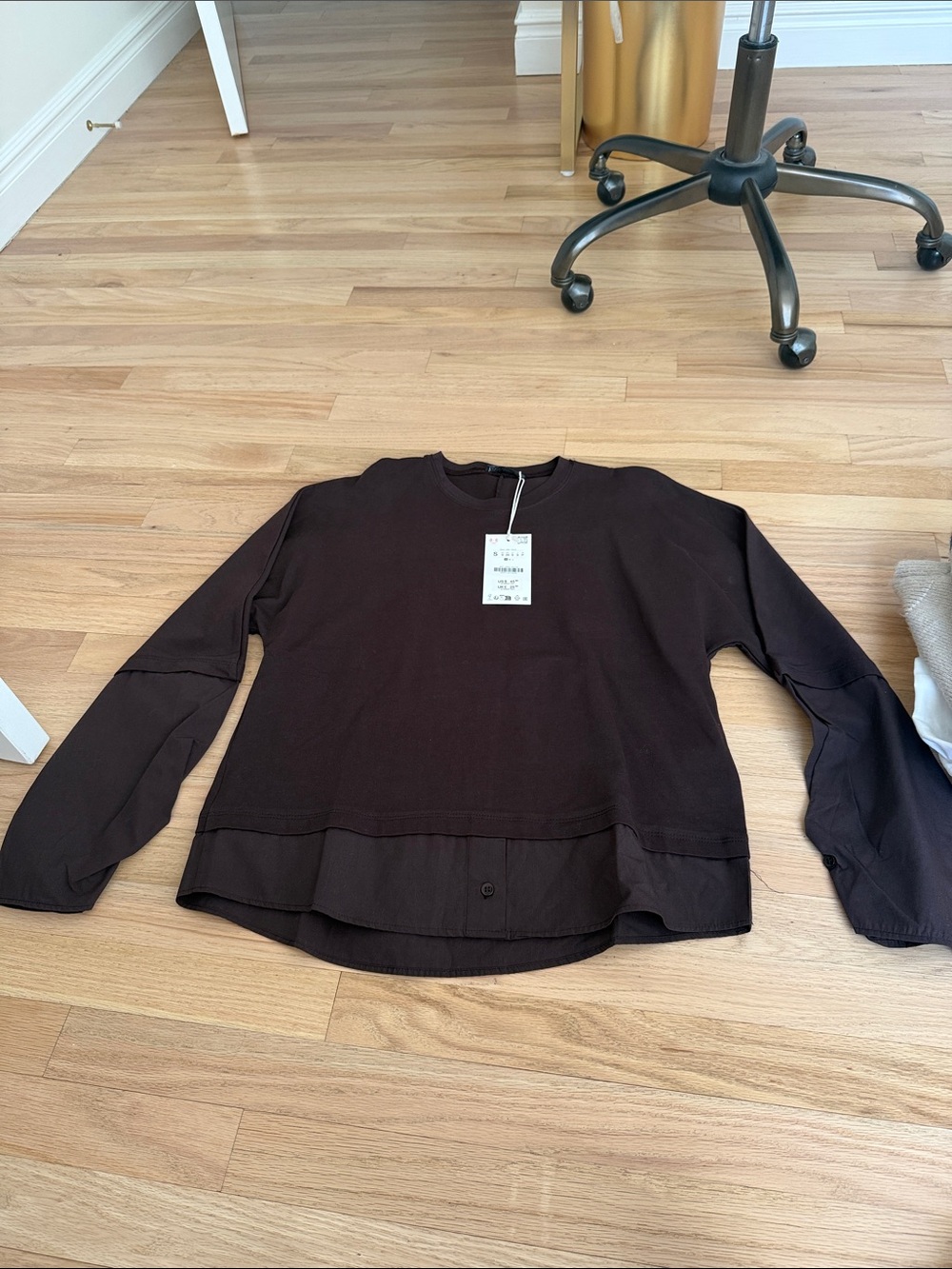 Zara Dark Brown Layered Hem Long Sleeve Top
